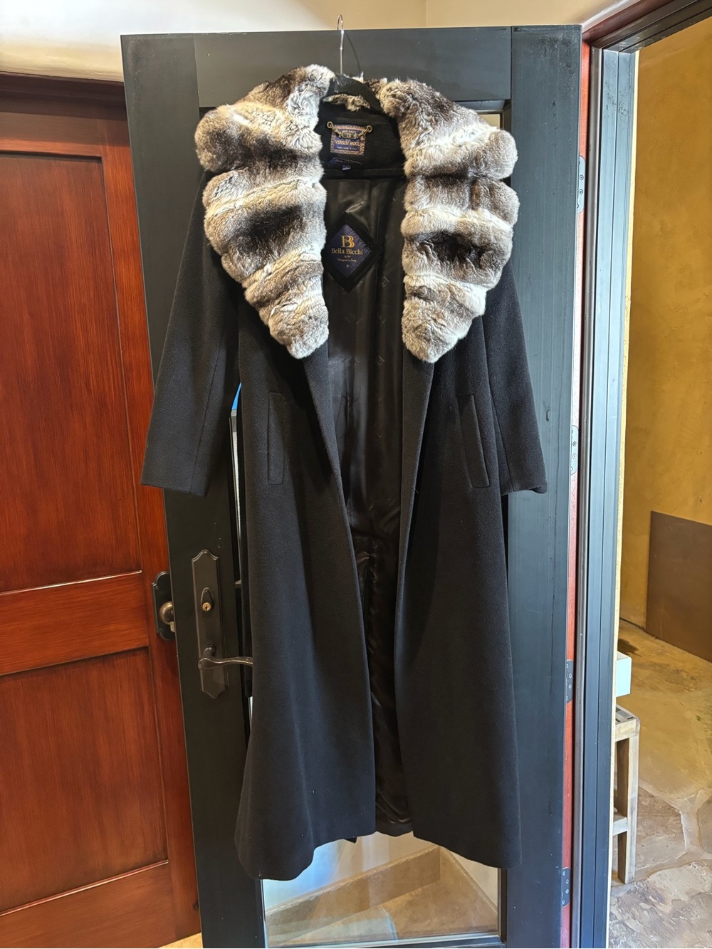 Black Trench Coat with Gray Fur Collar by Bella Rosa